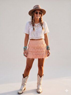 Blue B Pink Faux Suede Ostrich Feather Tiered Mini Skirt Small